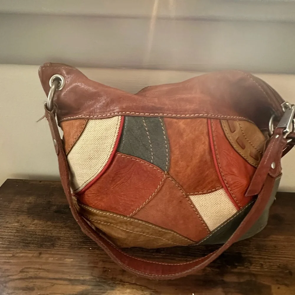 FOSSIL Leather Patchwork Shoulder Bag Crossbody Hobo Handbag Purse VINTAGE - Picture 5 of 15